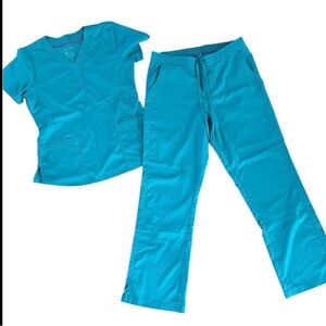 Healing Hands Taylor Drawstring Elastic pant Juliet V neck Top Teal Scrubs Med